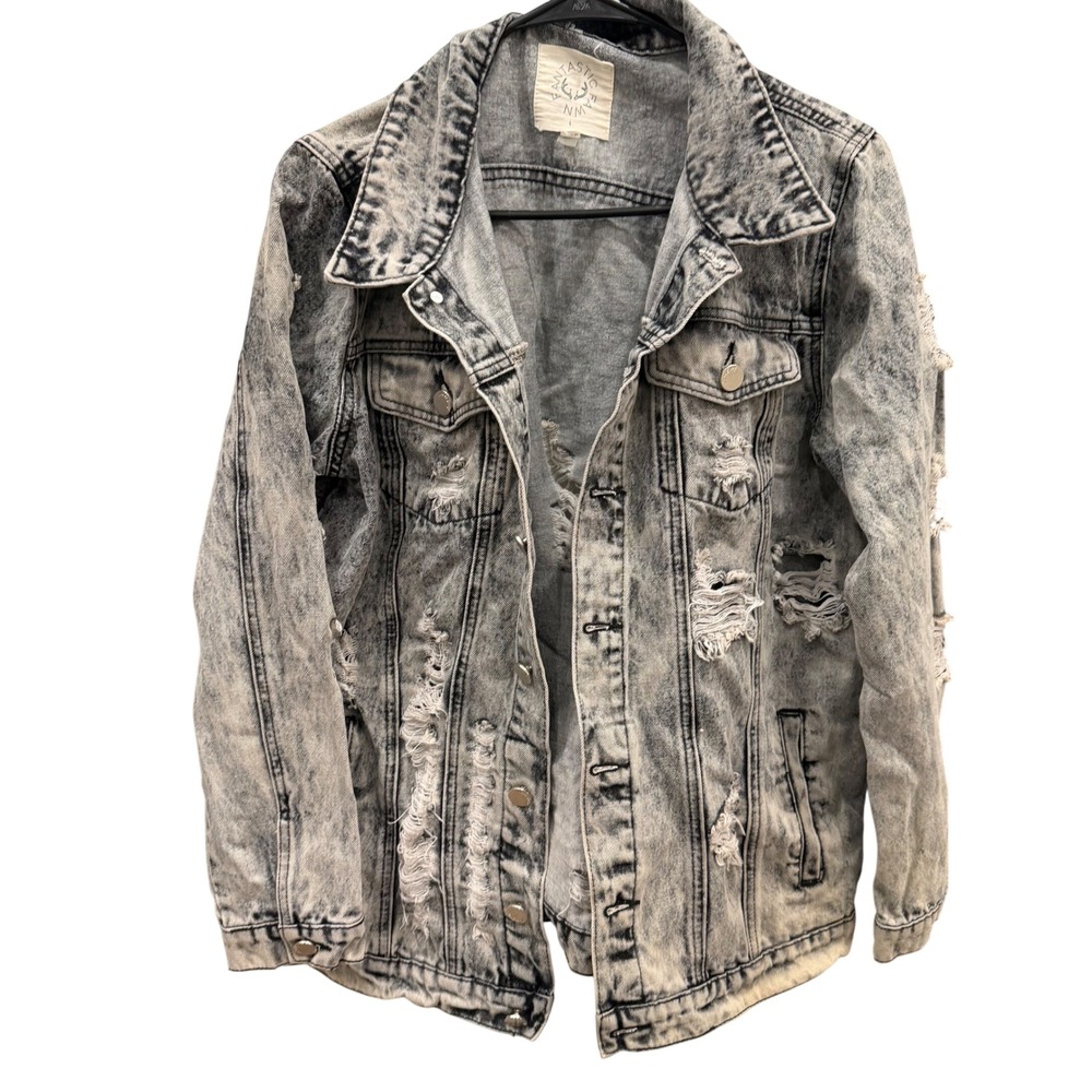 Fantastic Fawn Acid Wash Distressed Denim Jacket Grey Blue Ripped Trucker Large‎